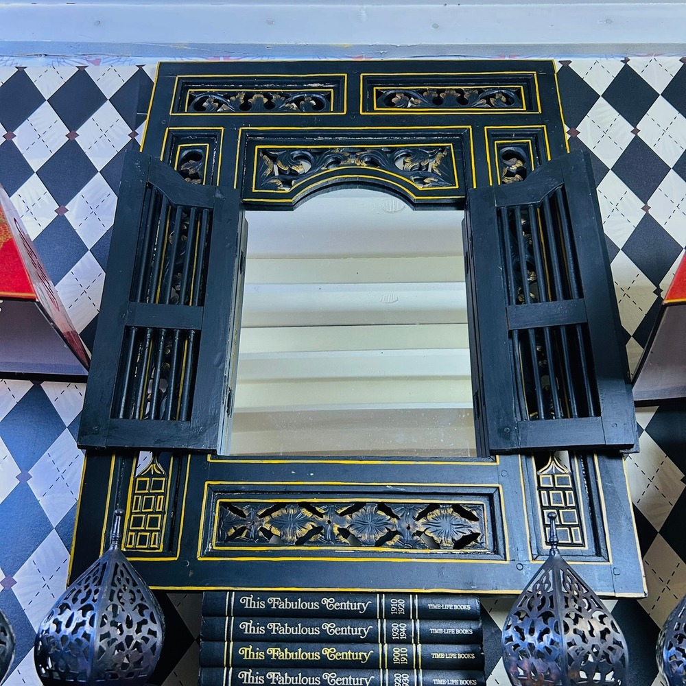 Statement 3 Foot Moroccan Black Gold Carved‎ Wood Mirror With Opening Doors